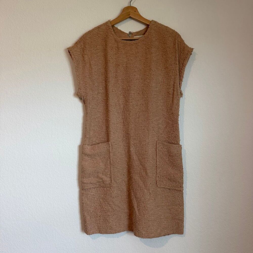 Jill Stuart Tan Tweed Short Sleeve Mini Shift Dress w/ Pockets Women's Size 4